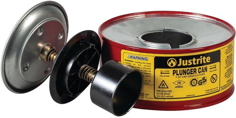 Justrite 10108 1 Quart Red Galvanized Steel Safety Plunger Can with 5" Dasher Plate and BrassRyton Plunger Assembly for Flammables - Image 3